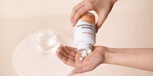 Dose mit Tabletten der basischen Mineralstoffe auf einer Hand