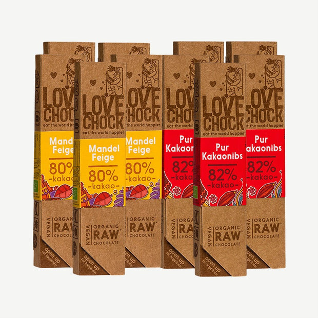 Lovechock Bio rohe Schokolade: 5 x Pur-Kakaonibs + 5 x Mandel-Feige