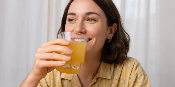 dunkelhaarige, junge Frau trinkt aus einem Glas den angerührten nu3 Immun Shot und lächelt