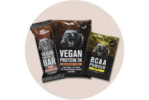 Veganer Proteinriegel plus Vegan Shake und BCAA als Probe aus dem veganen nu3 Protein Probierpaket 
